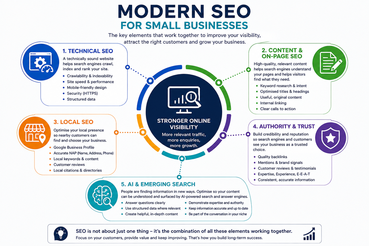 Modern SEO for small businesses including technical SEO, content and on-page SEO, Local SEO, authority and trust, and AI and emerging search
