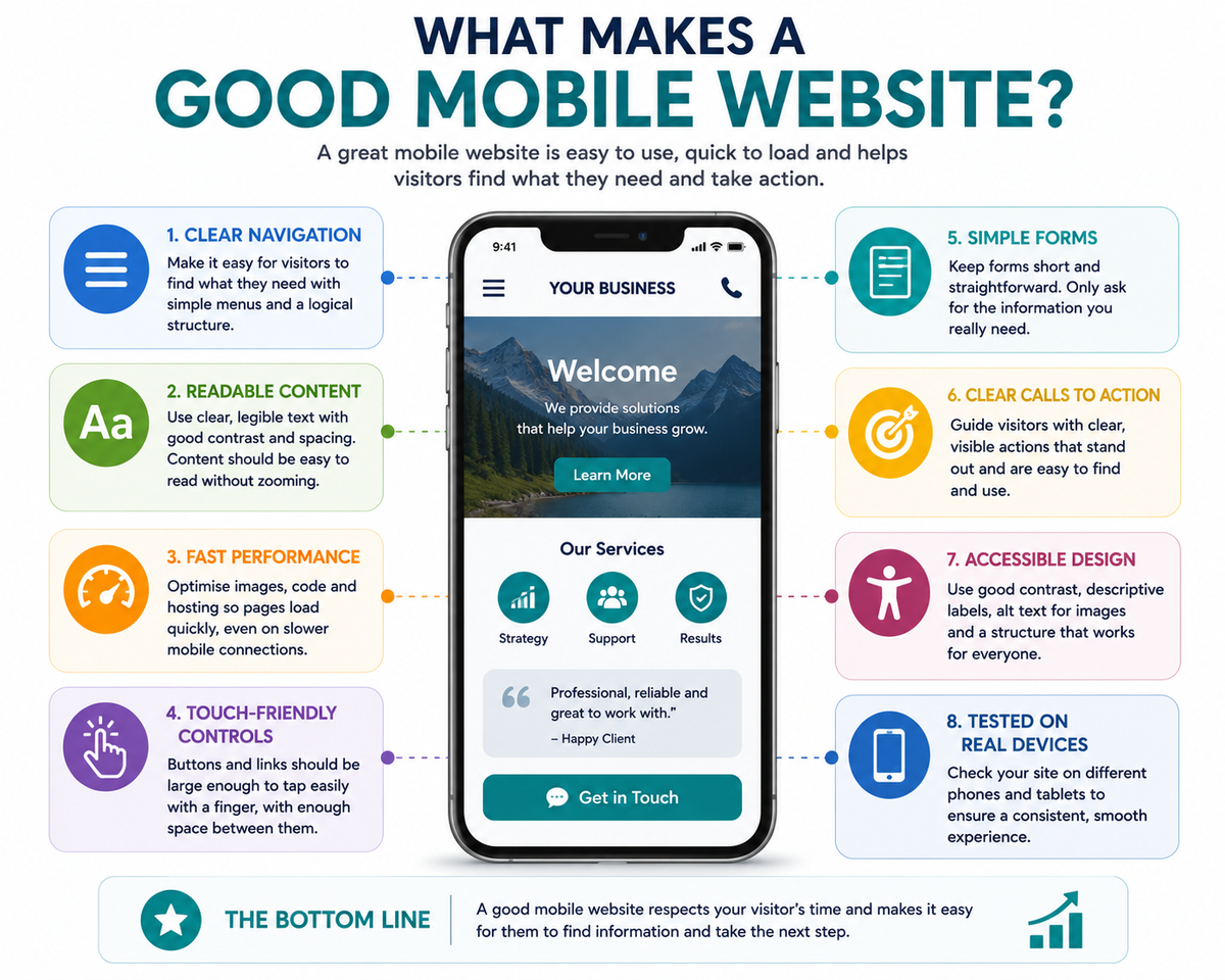 What makes a good mobile website, including clear navigation, readable content, fast performance, touch-friendly controls, simple forms, calls to action, accessibility and real-device testing