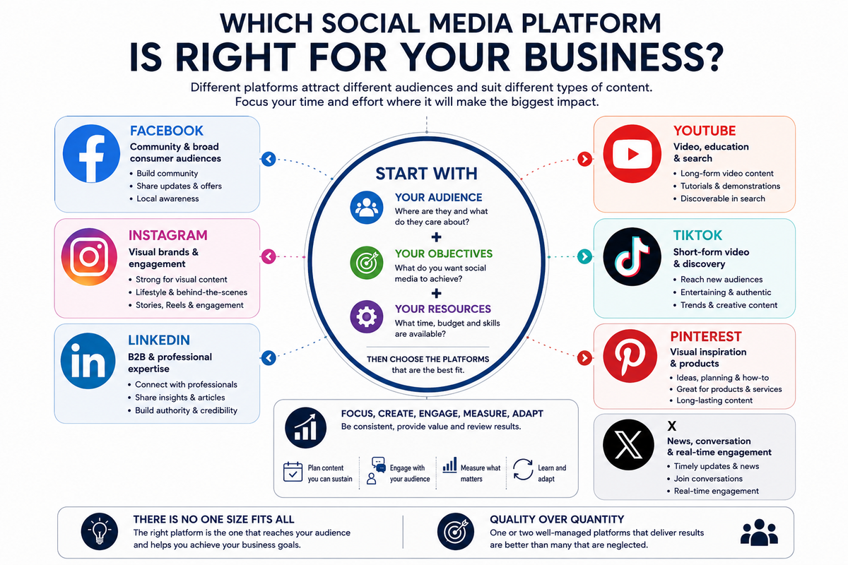 Which social media platform is right for your business, comparing Facebook, Instagram, LinkedIn, YouTube, TikTok, Pinterest and X