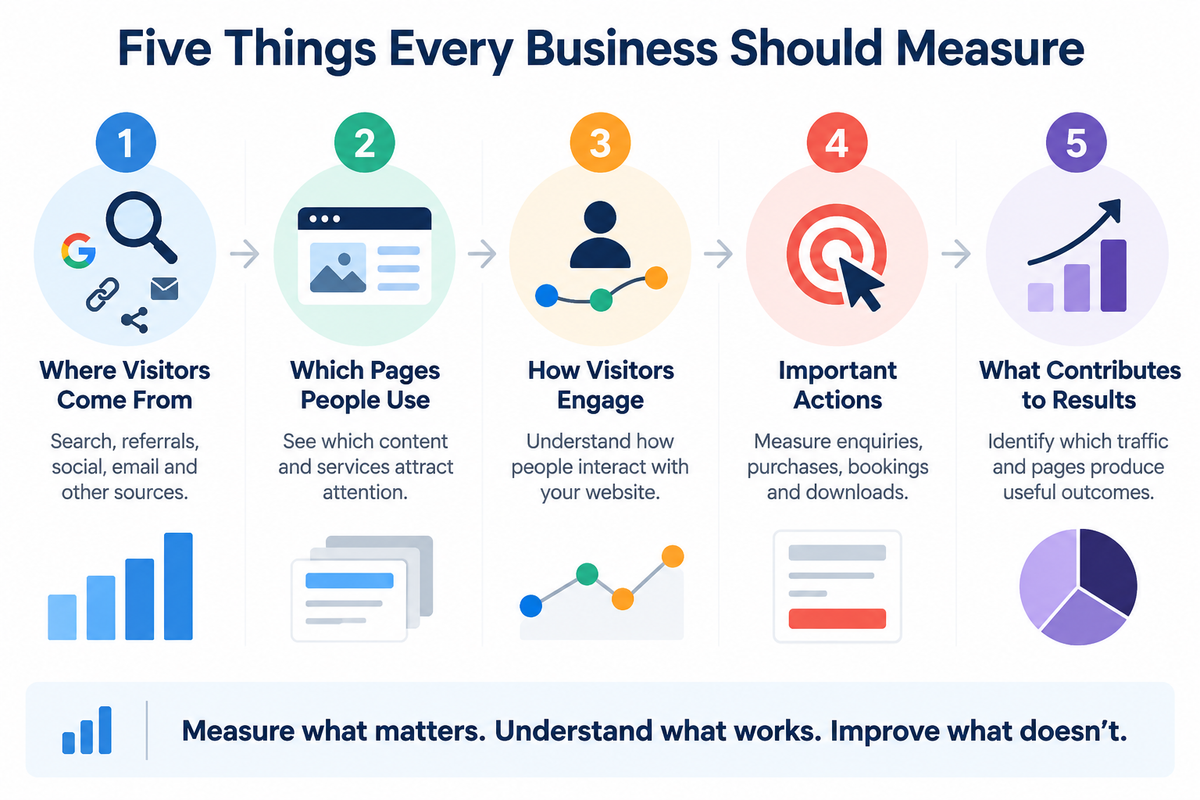 Five website measurements for businesses covering traffic sources, pages, visitor engagement, important actions and business results.