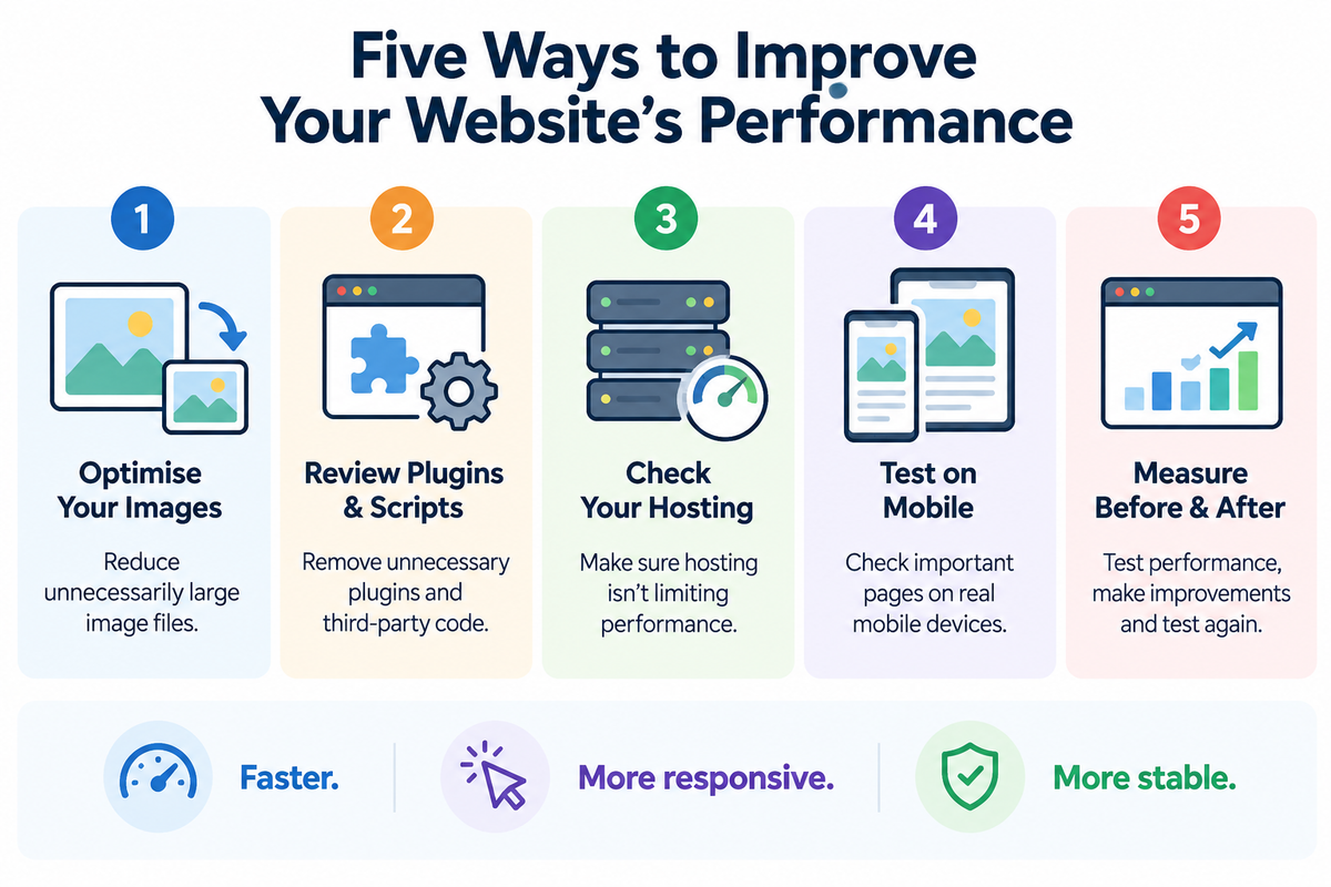 Five ways to improve website performance including optimising images, reviewing plugins and scripts, checking hosting, testing on mobile and measuring results.