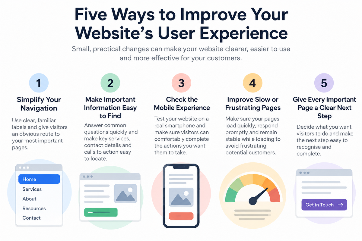 Five ways to improve website user experience including navigation, information, mobile usability, website performance and clear next steps.