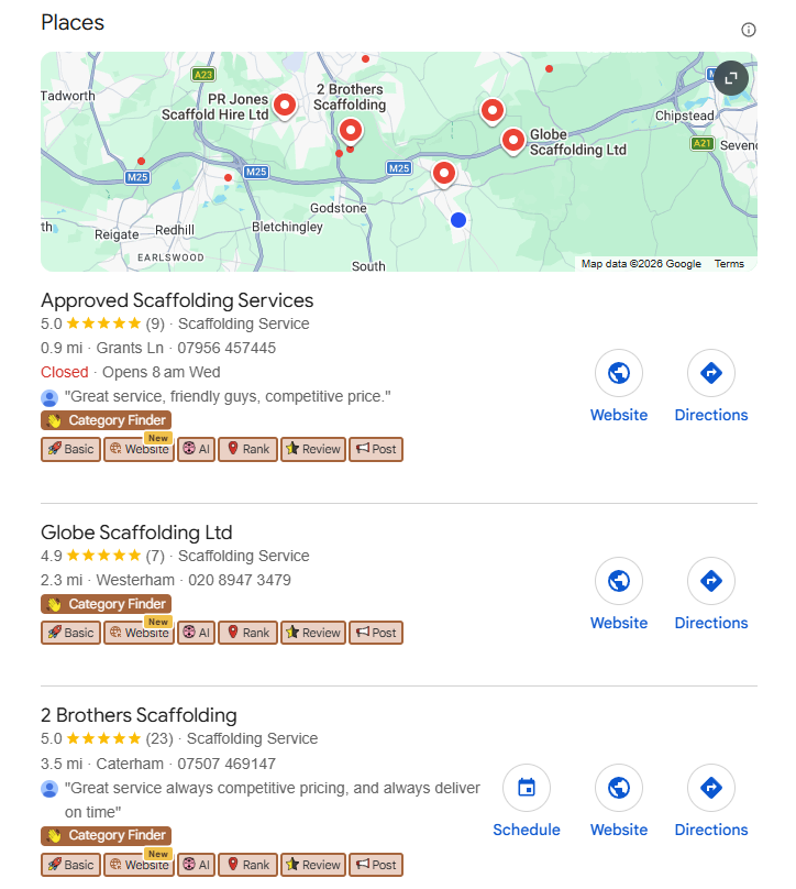 Google search results showing a local Map Pack with nearby business listings.