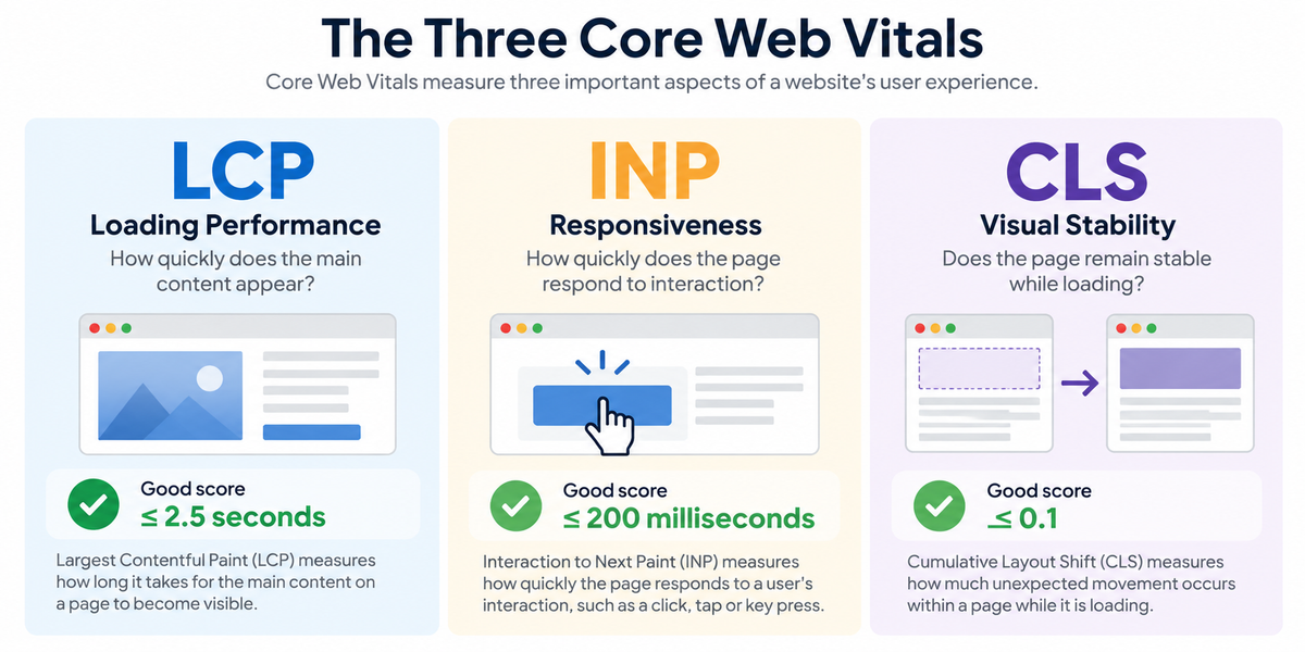 The three Core Web Vitals showing LCP for loading performance, INP for responsiveness and CLS for visual stability.