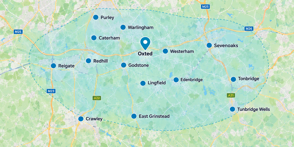 Map showing Digital Direction's service area across East Surrey and West Kent