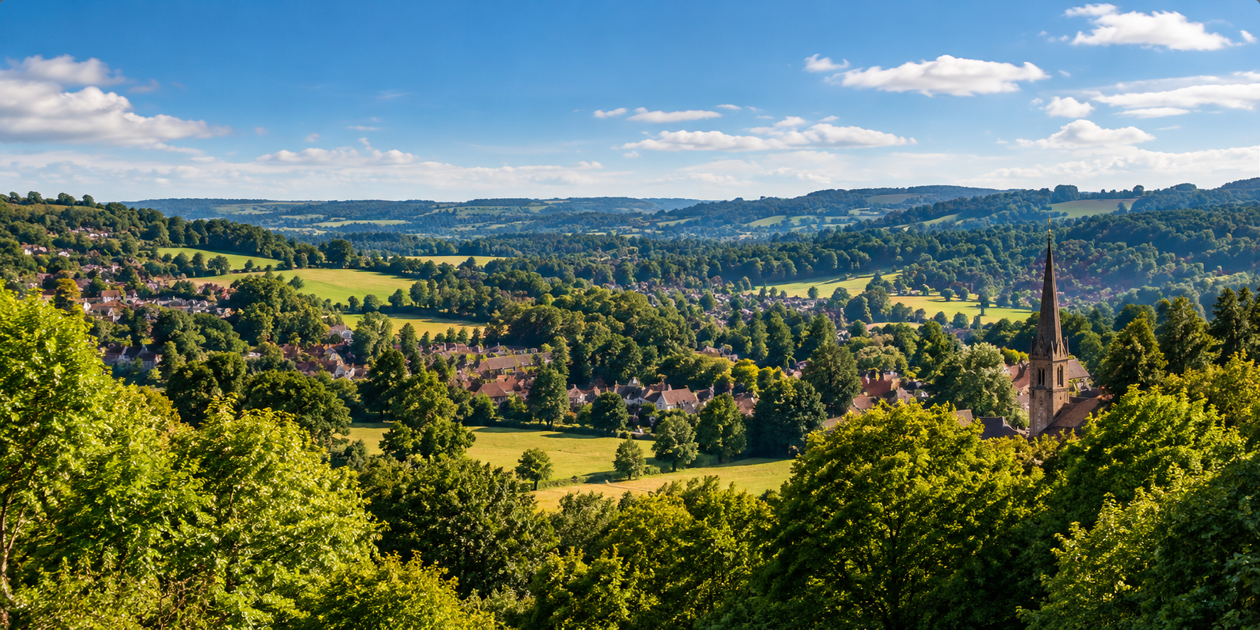 Rural landscape in Surrey with countryside and village buildings